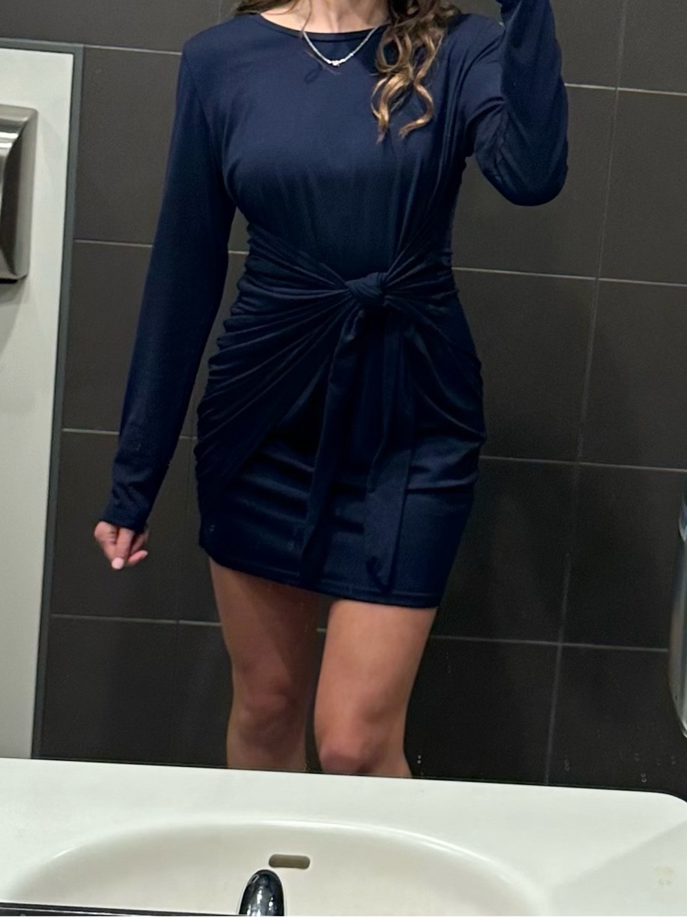 Long Sleeve Navy Knot-Front Mini Dress